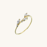Dainty Leaf Ring with White CZ Stones in 14k Solid Yellow Gold