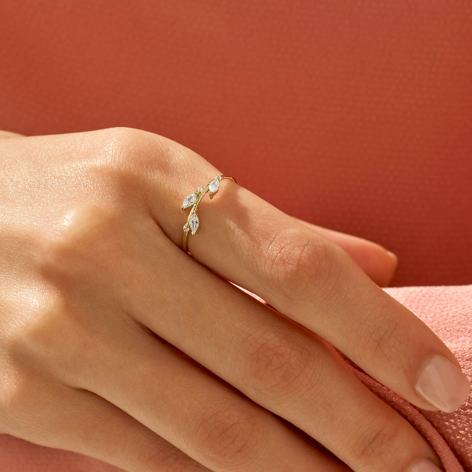 Stackable Leaf Ring Paved with CZ Diamonds in 14k Real Gold