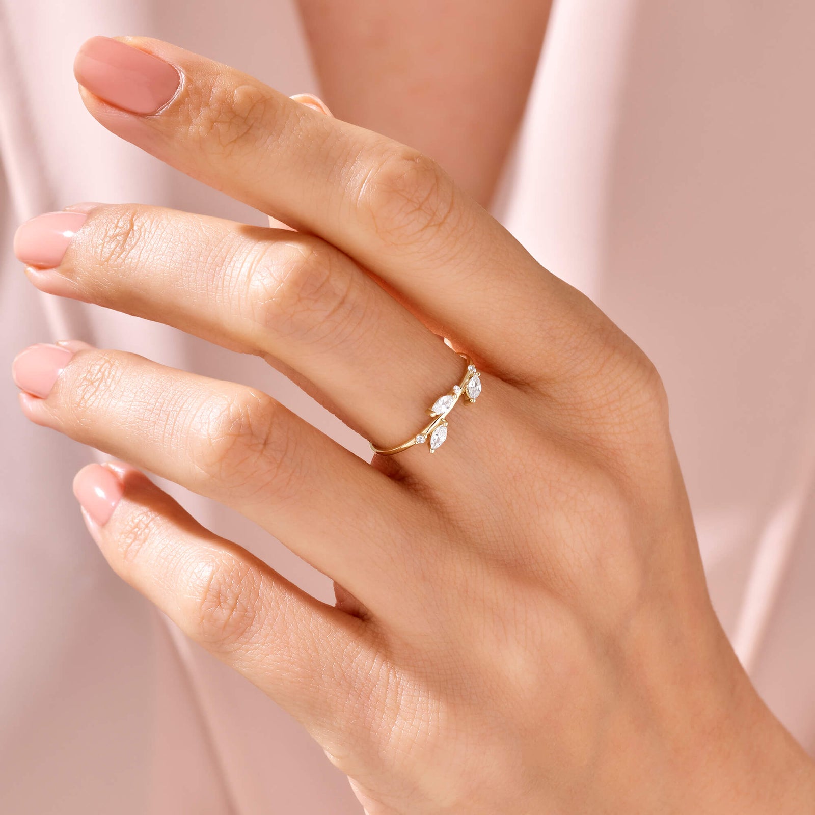 Stackable Leaf Ring Paved with CZ Diamonds in 14k Real Gold