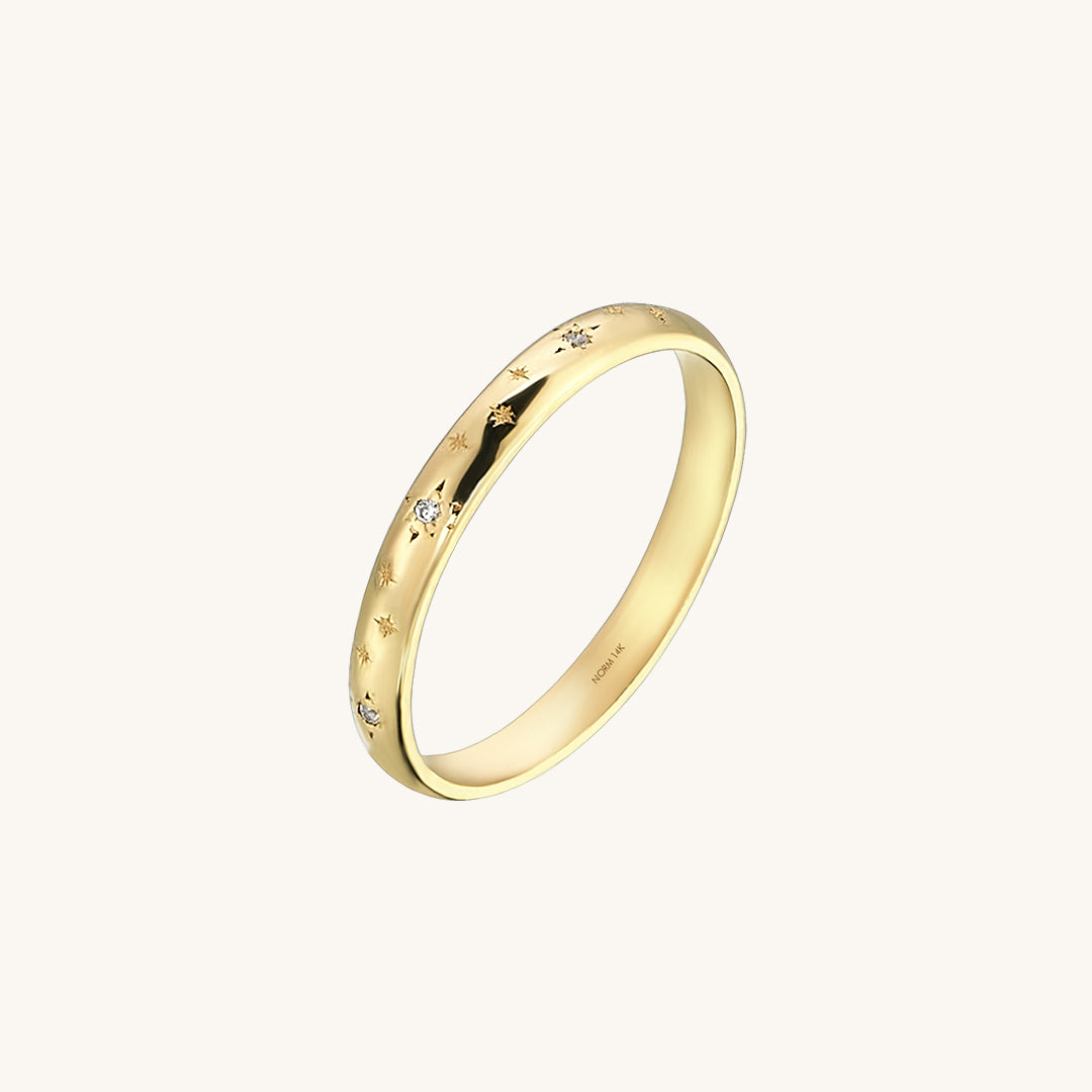 Minimal Star Pave Band Ring in 14k Solid Yellow Gold 