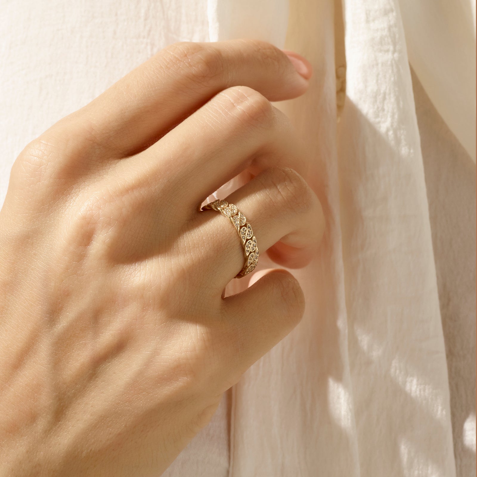 Minimalist Cuban Links Chain Ring with CZ in Real Gold