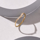 Minimal Curve Stacking Ring with White CZ Stones in 14k Solid Yellow Gold