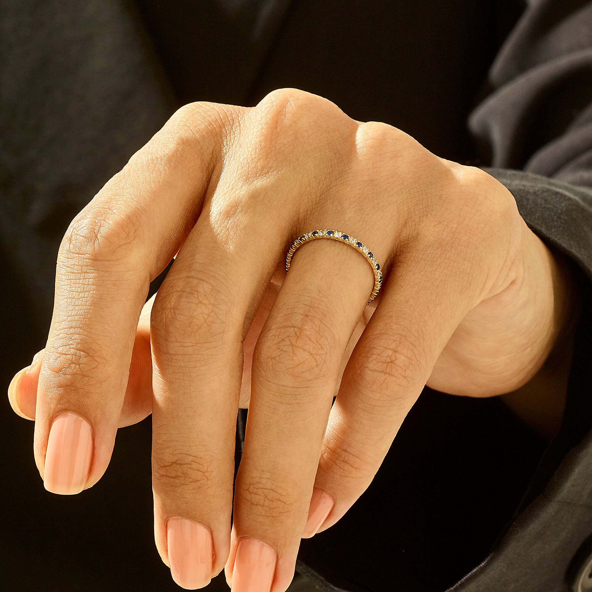 14k Solid Gold Mixed Eternity Band Ring with Blue & White CZ Stones