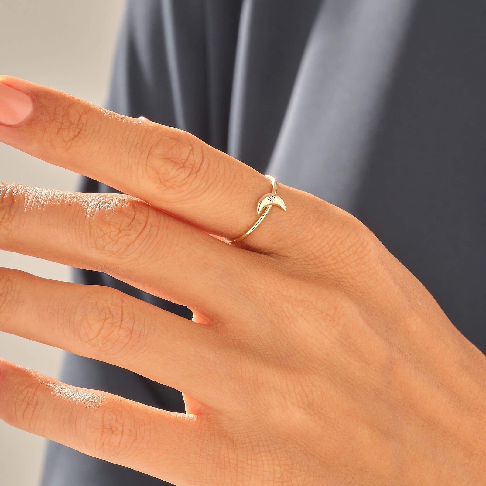 14k Real Yellow Gold Crescent Moon Stackable Ring - Norm