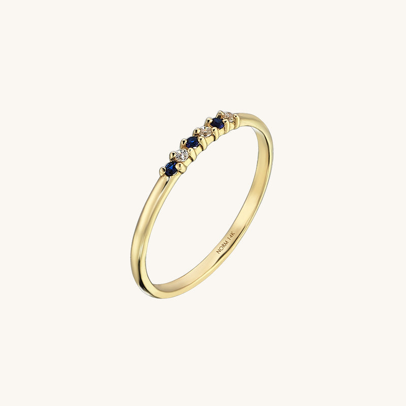 14k Solid Yellow Gold Band Ring with Night Blue & White Sones