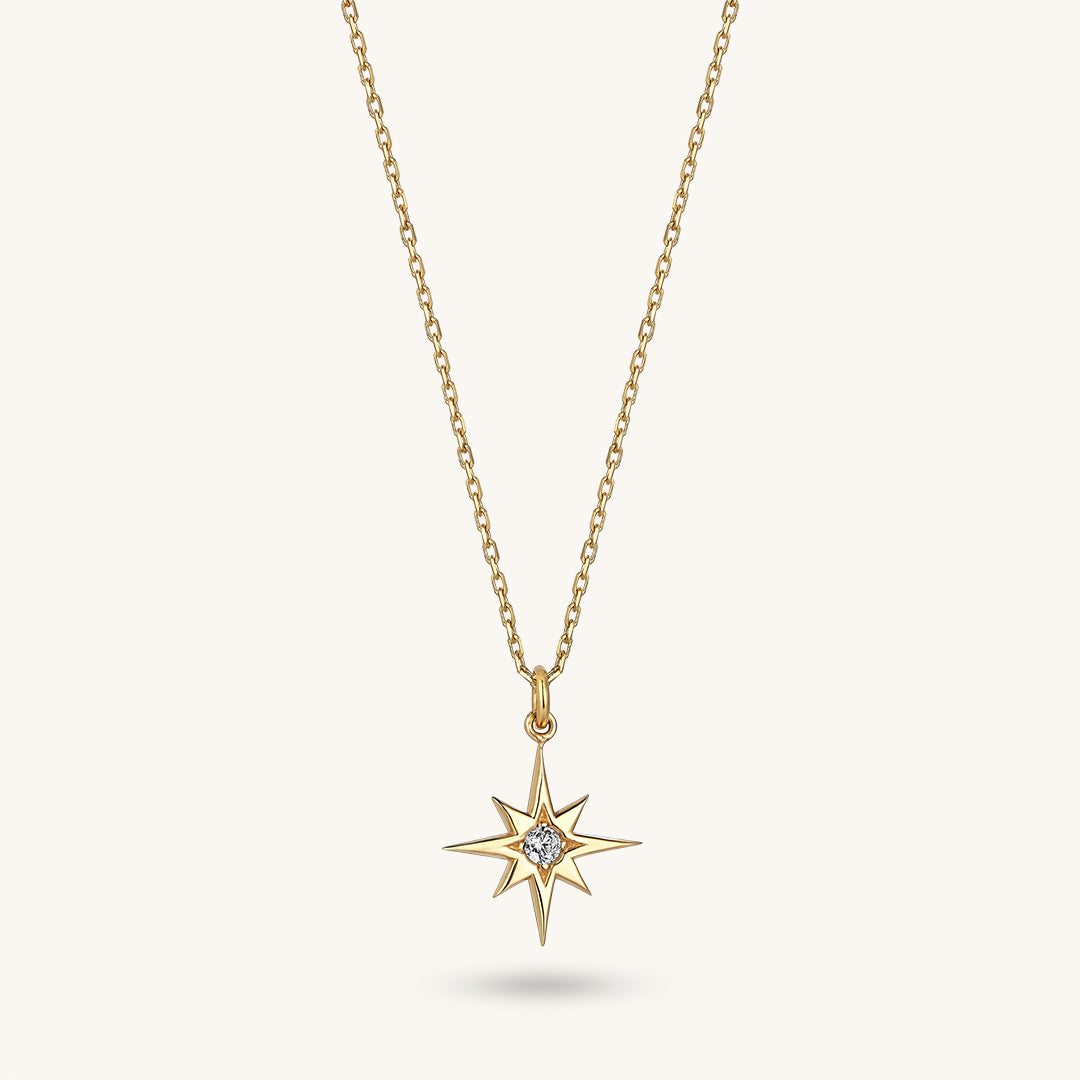Celestial North Star Necklace in 14k Solid Yellow Gold