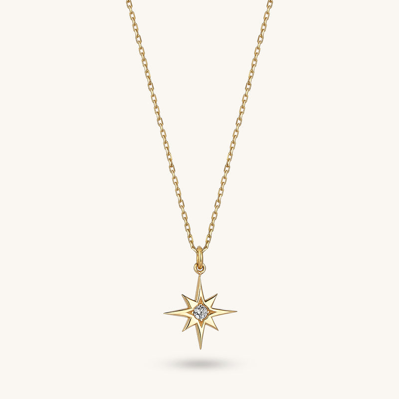 Celestial North Star Necklace in 14k Solid Yellow Gold