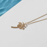 Tiny Palm Pendant Necklace Paved with CZ in 14k Real Yellow Gold