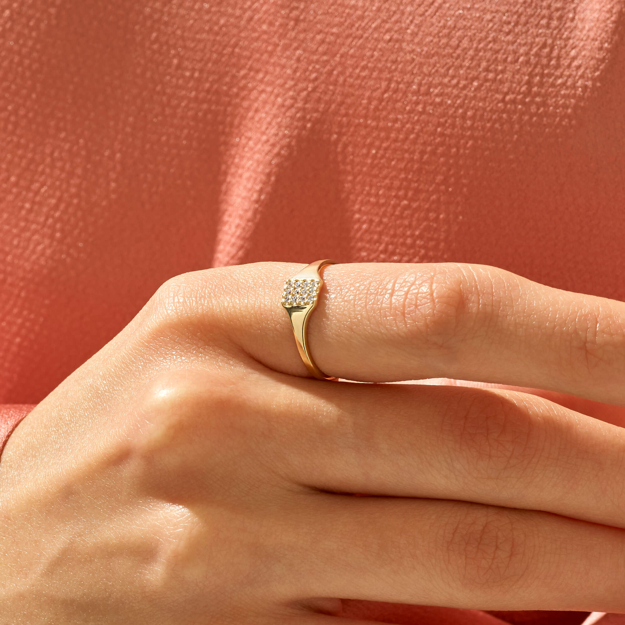 Women's Pave Pinky Signet Ring in 14k Real Yellow Gold