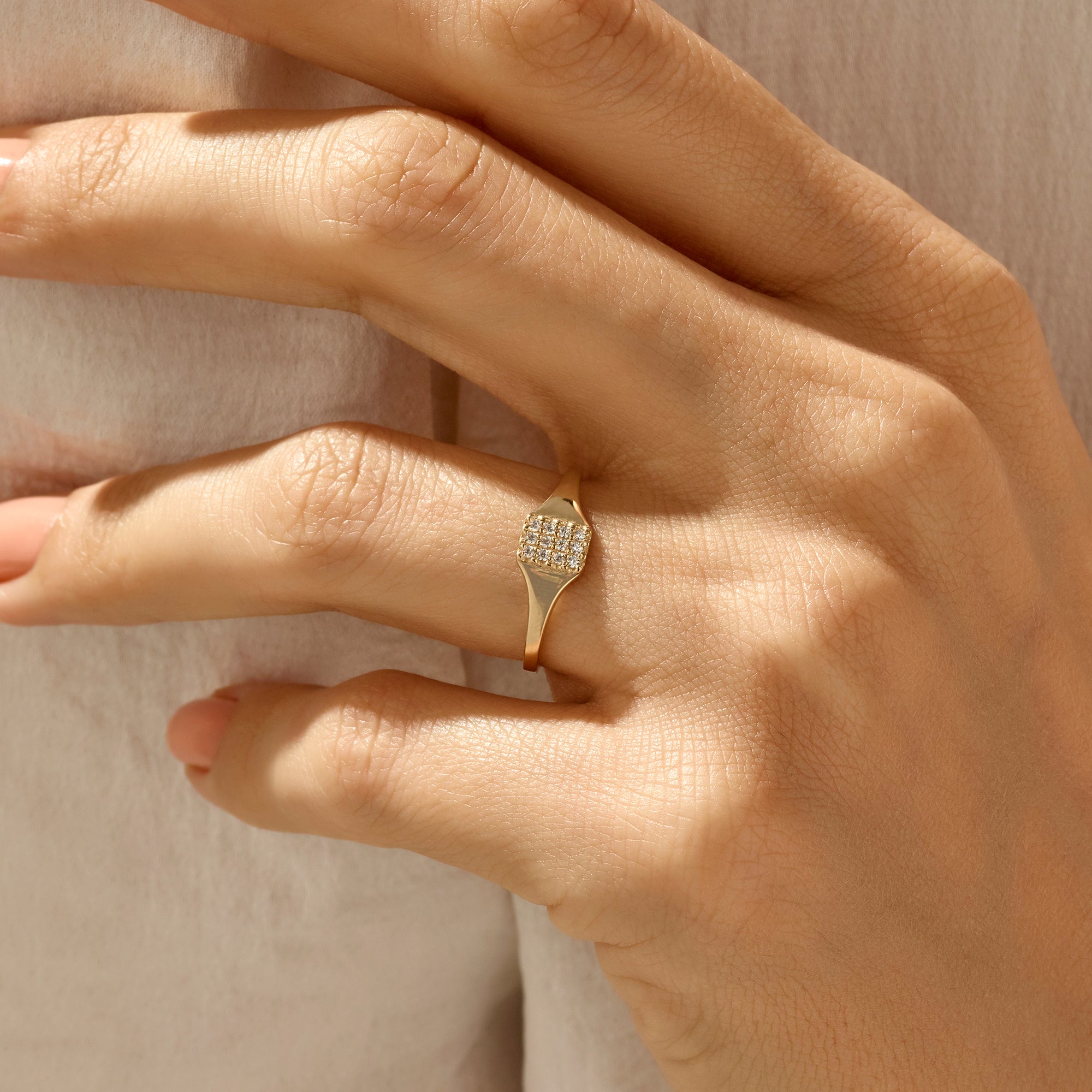 Women's Pave Signet Ring in 14k Real Yellow Gold