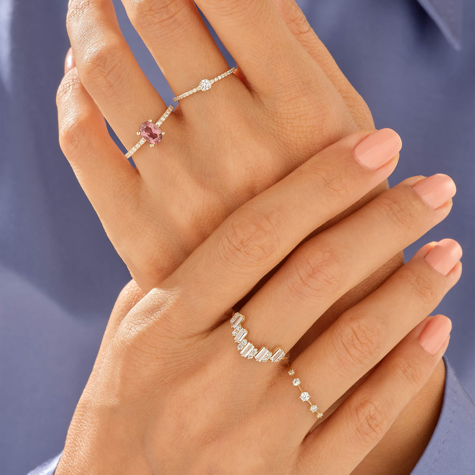 5 Stone Stacking Ring in 14k Solid Yellow Gold