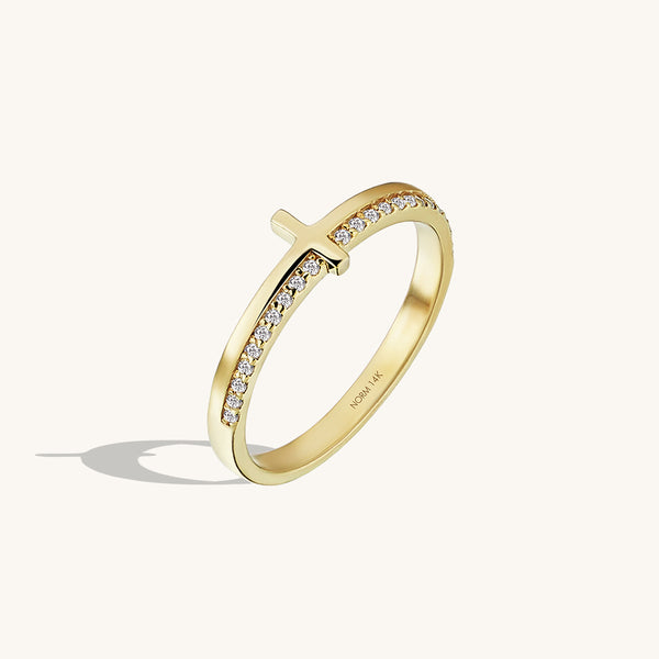 14k Solid Yellow Gold Sideways Cross Stacking Ring - Norm Jewels