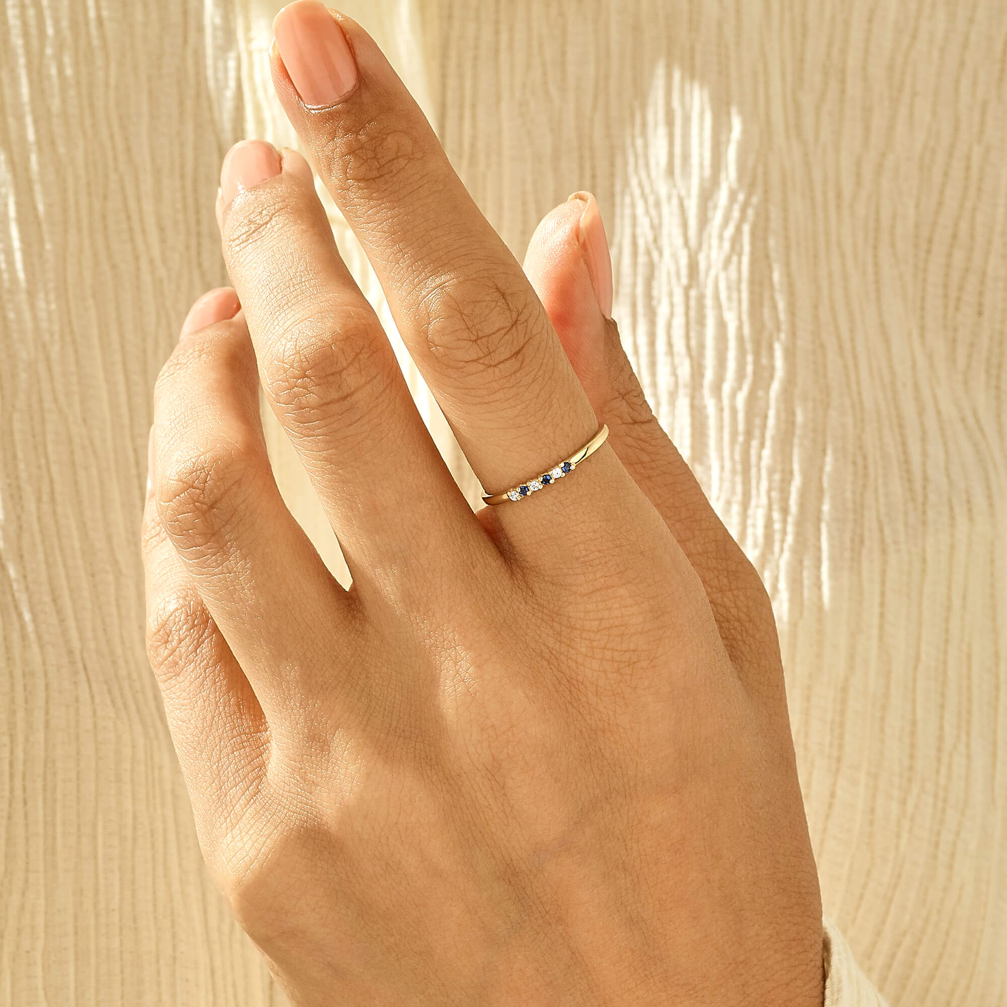 14k Real Gold Premium Stacking Band Ring with Night Blue & White CZ Stones