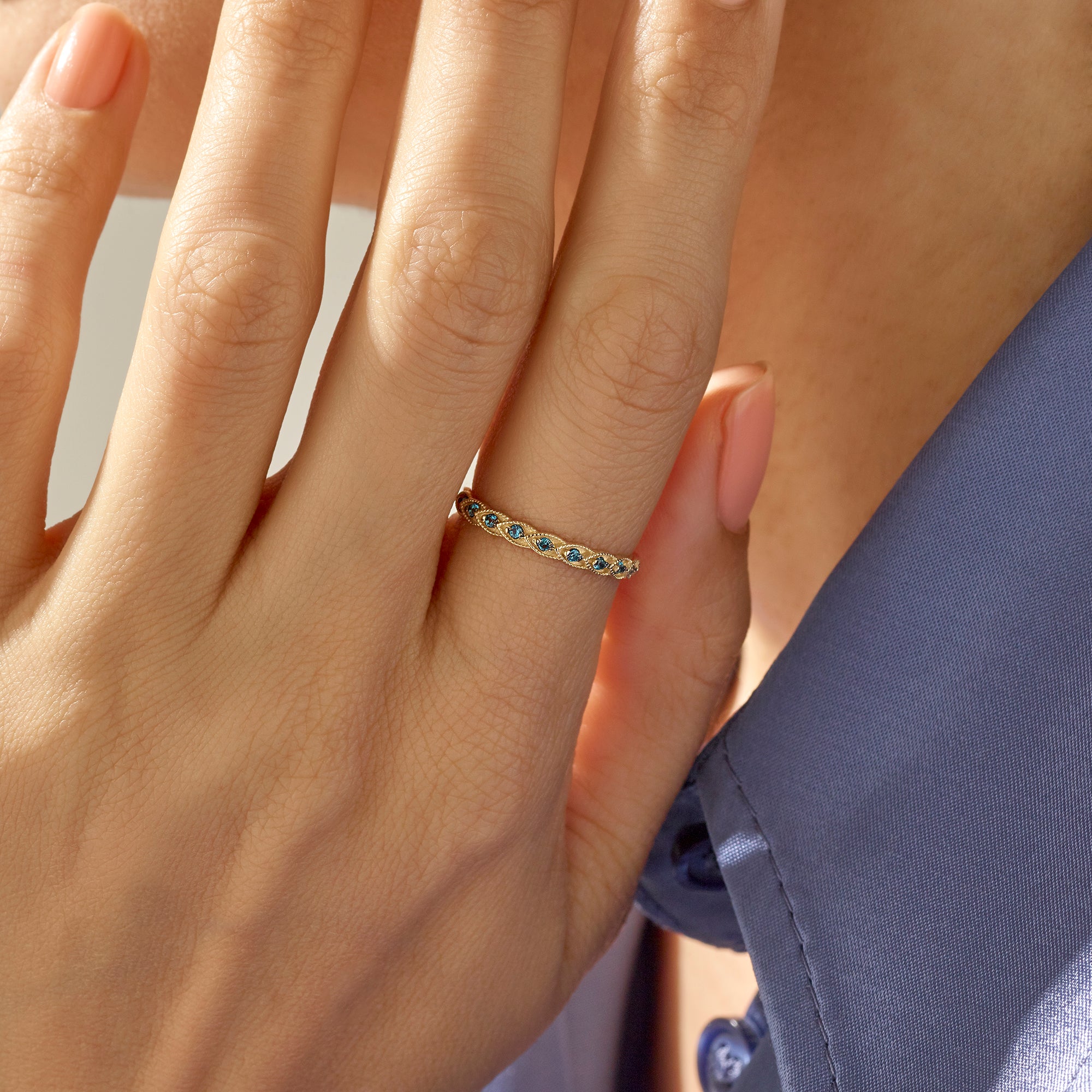 14k Solid Gold Premium Eternity Band Ring with Blue CZ Stones