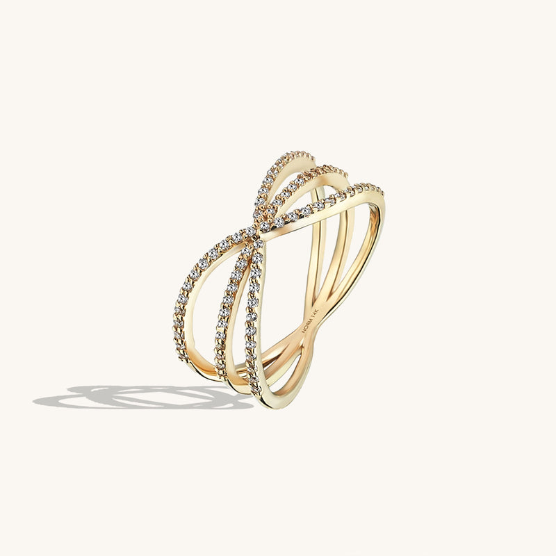 Premium X Ring Paved with White CZ Stones in 14k Solid Gold