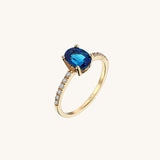 Sapphire Oval Solitaire Ring Paved with White CZ in 14k Real Gold