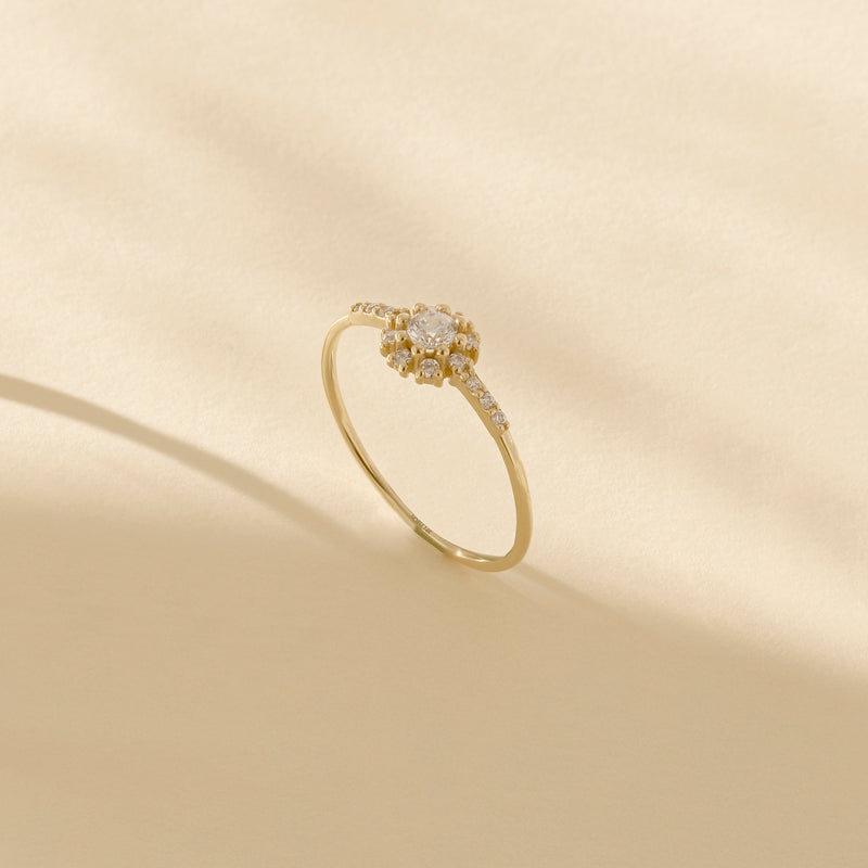 Snowflake Ring with White CZ Stones in 14k Solid Yellow Gold