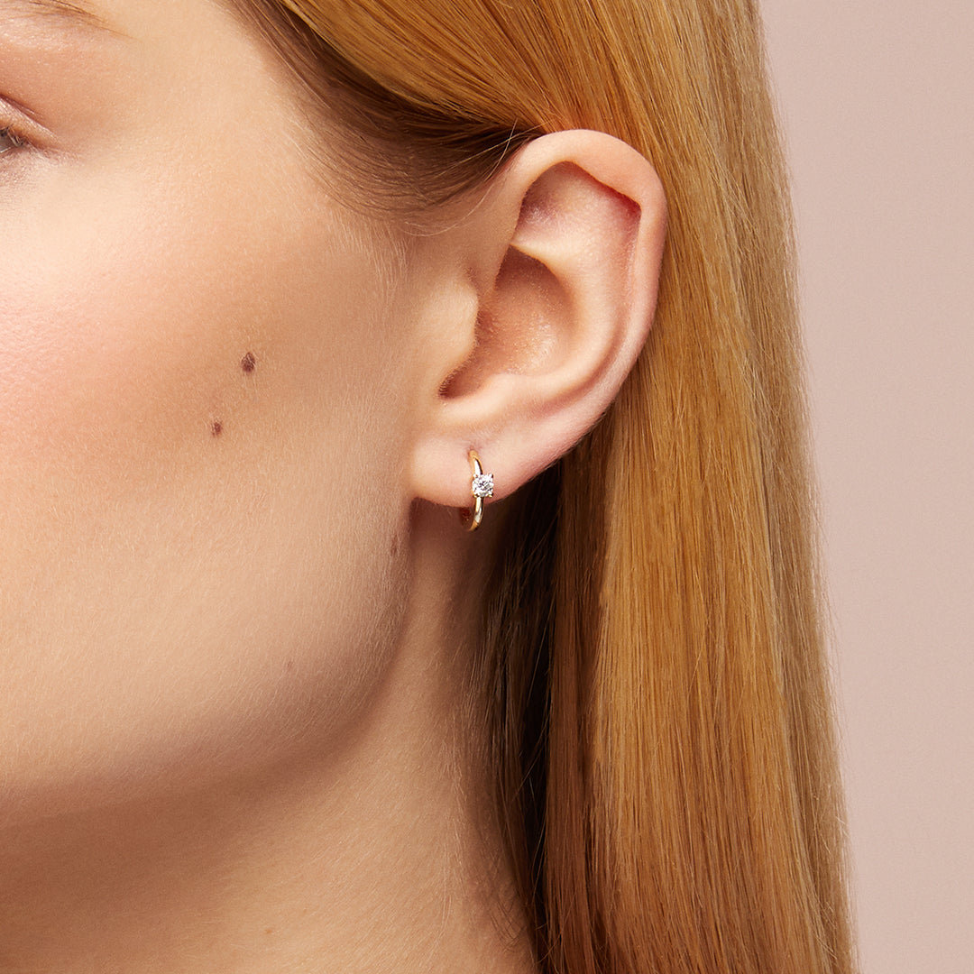 White Cubic Zirconia Solitaire Hoop Earrings in Gold