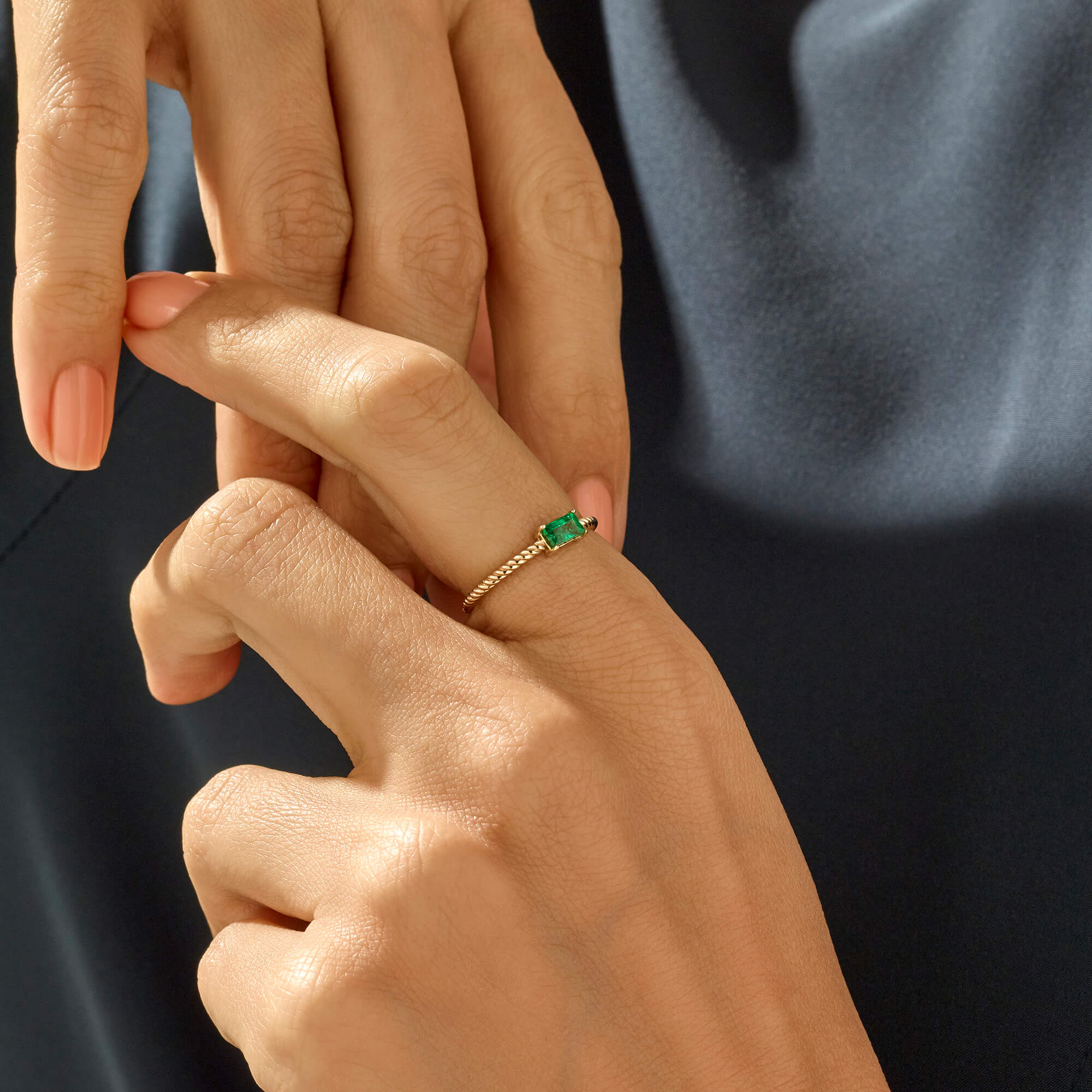 Twined Baguette Cut Emerald Ring in 14k Real Yellow Gold