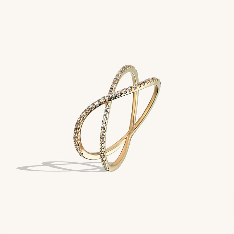 X Ring Paved with White CZ Stones in 14k Solid Gold