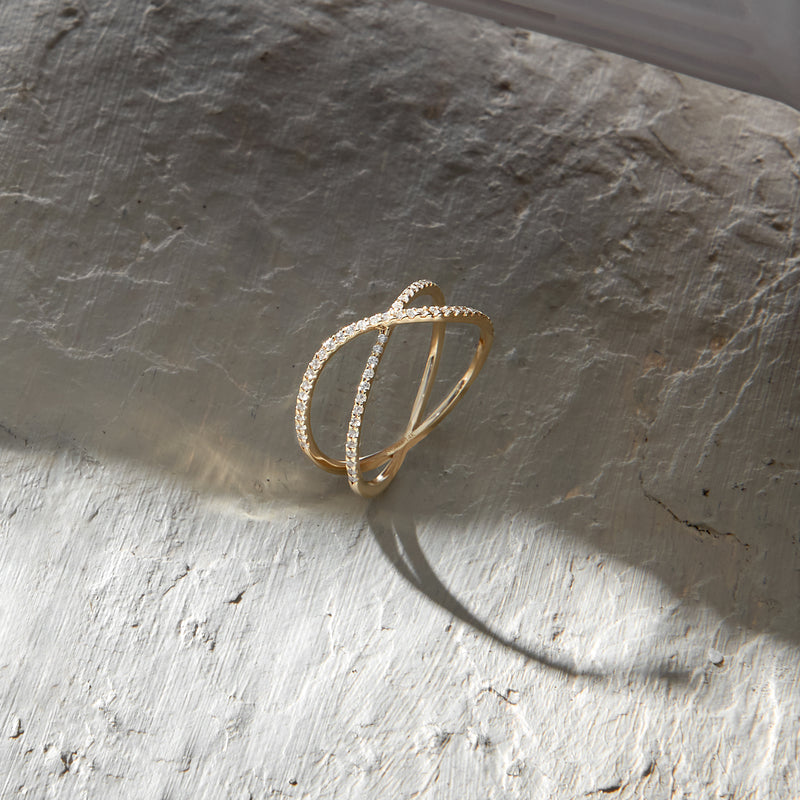 Criss Cross Ring Paved with White CZ in 14k Solid Gold