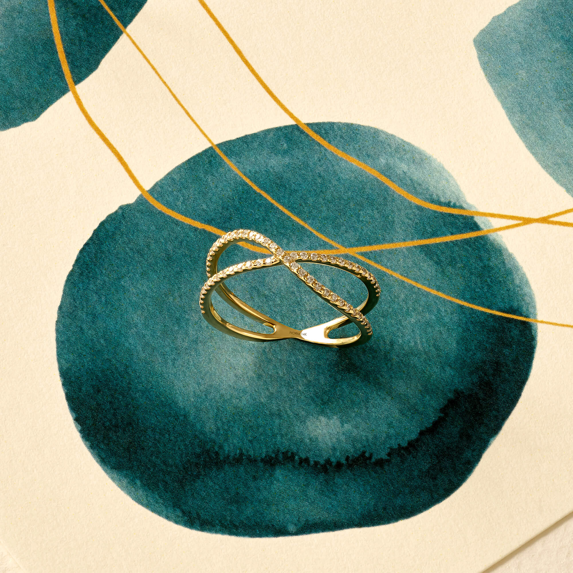 X Ring with White CZ Stones in 14k Yellow Gold