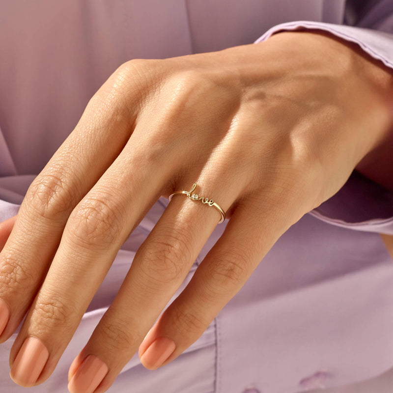 Stackable Love Script Ring in 14k Solid Yellow Gold