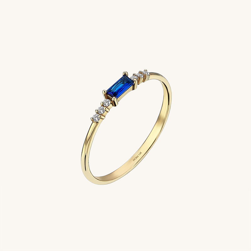Blue Baguette Solitaire Band Ring in 14k Solid Yellow Gold