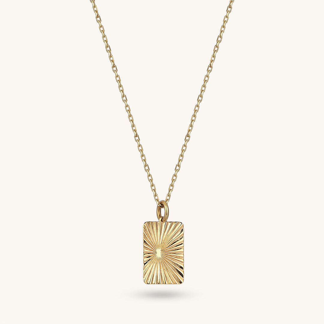 14k Real Gold Sun Ray Engraved Rectangle Pendant Necklace – NORM JEWELS