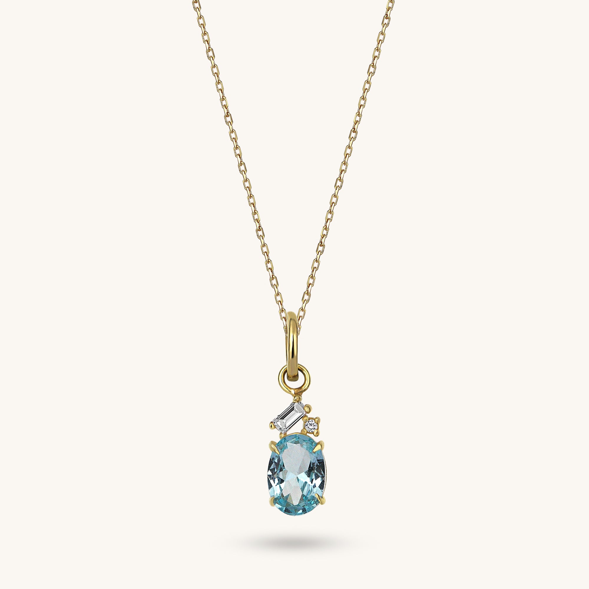14k Gold AAA Grade Lab-Grown Aquamarine Oval Necklace for Women 