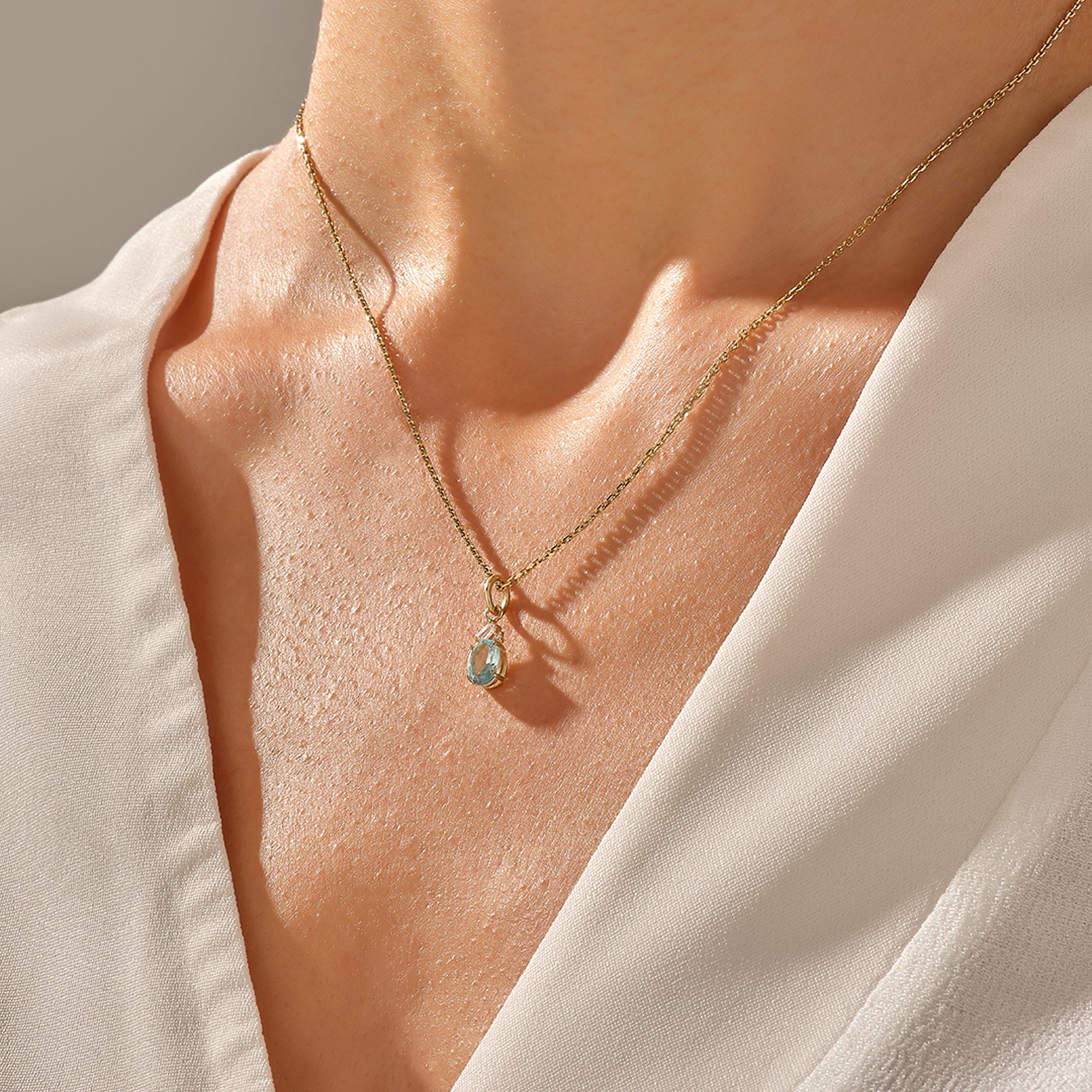 14k Yellow Gold AAA Grade Lab-Grown Aquamarine Oval Necklace for Women