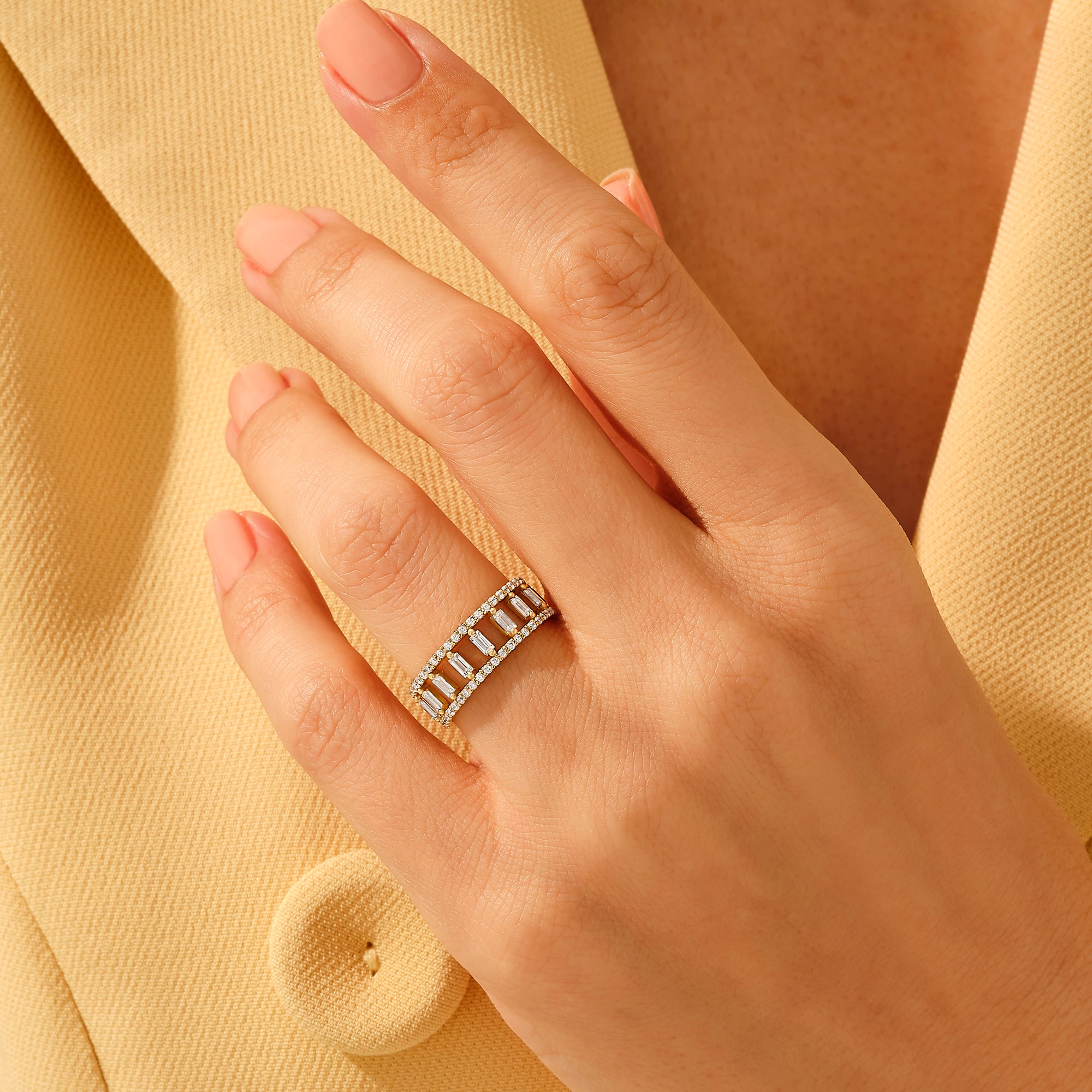 Women's Baguette Ladder Band Ring in 14k Real Gold