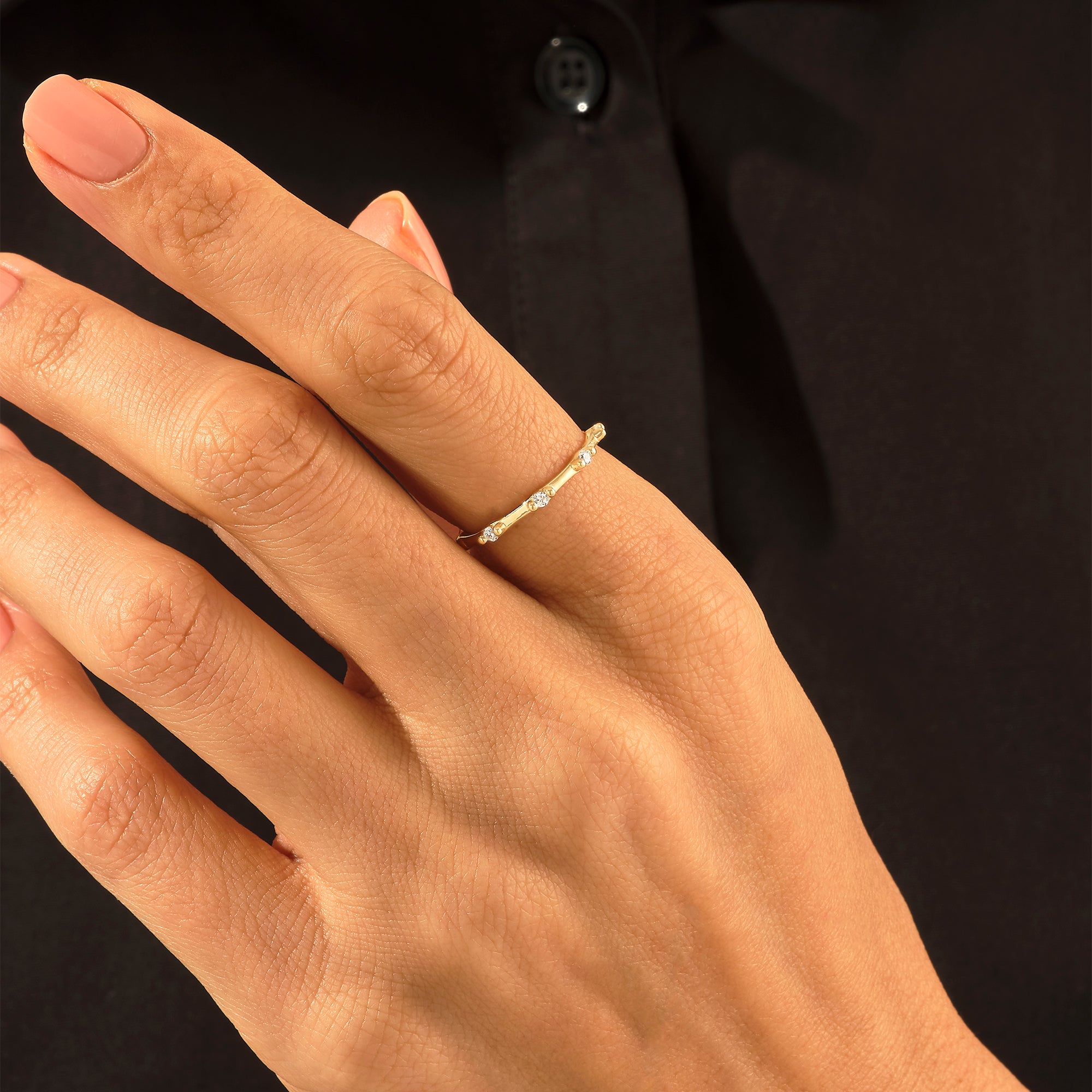 Diamond Bamboo Shaped Stackable Ring in 14k Solid Gold
