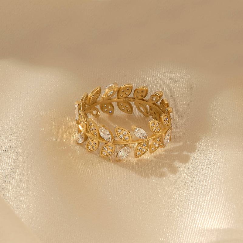 Bold Band Leaf Ring Paved with CZ in 14k Real Gold