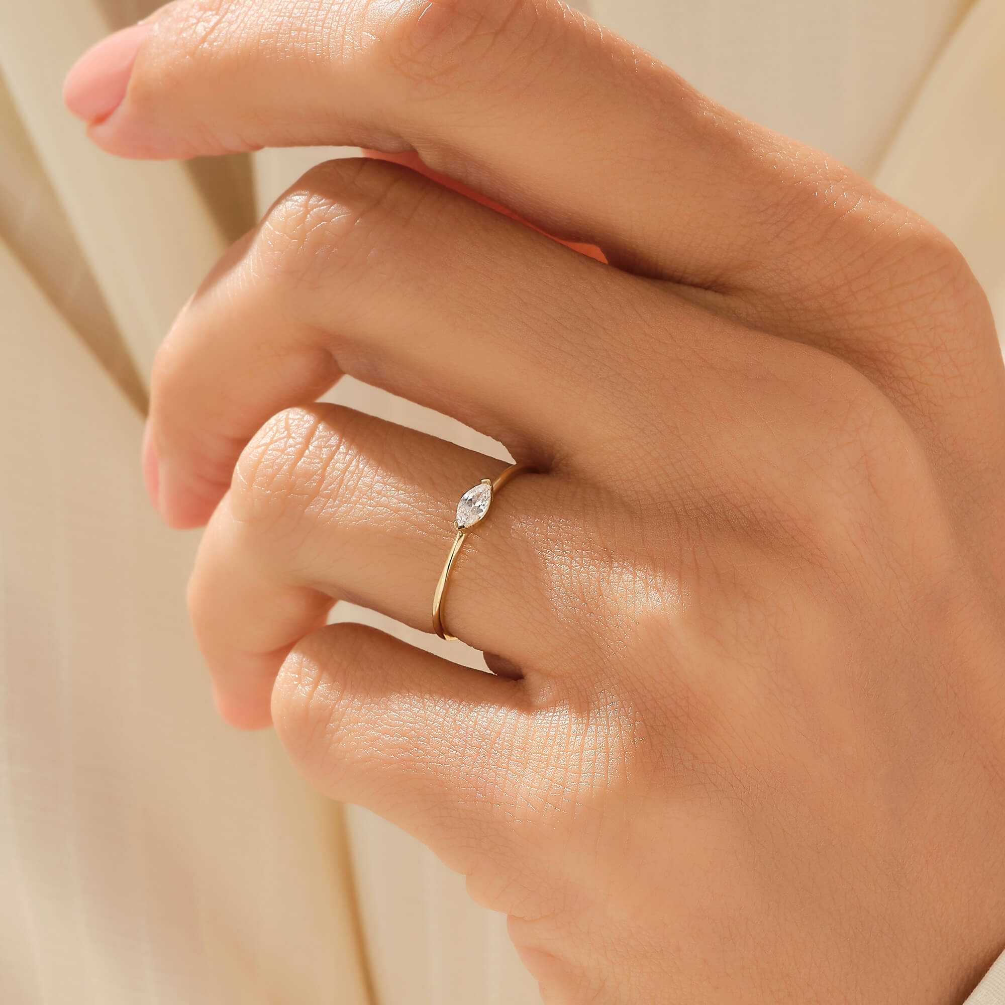 Marquise Cut CZ Solitaire Ring in 14k Solid Yellow Gold