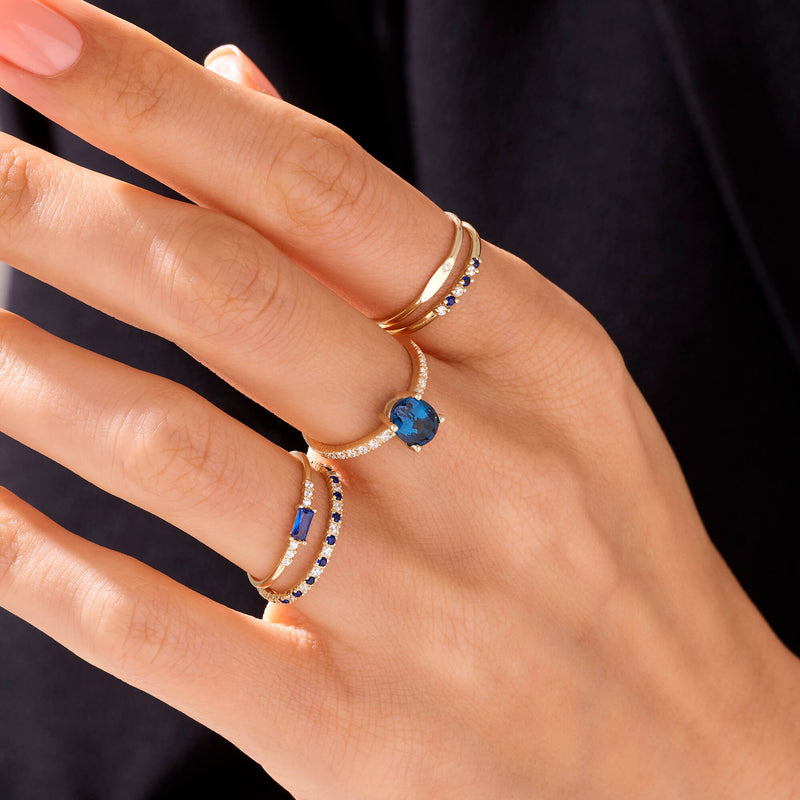 Thin Blue Baguette Stackable Ring in 14k Gold