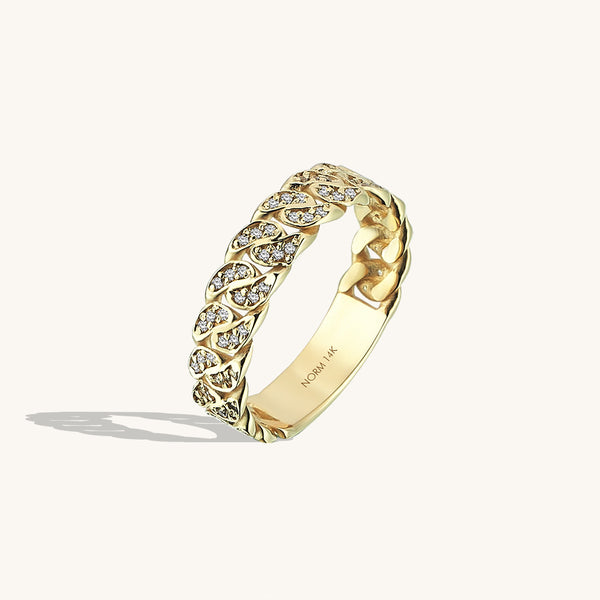 Women's Cuban Links Chain Ring Paved with CZ in 14k Solid Gold