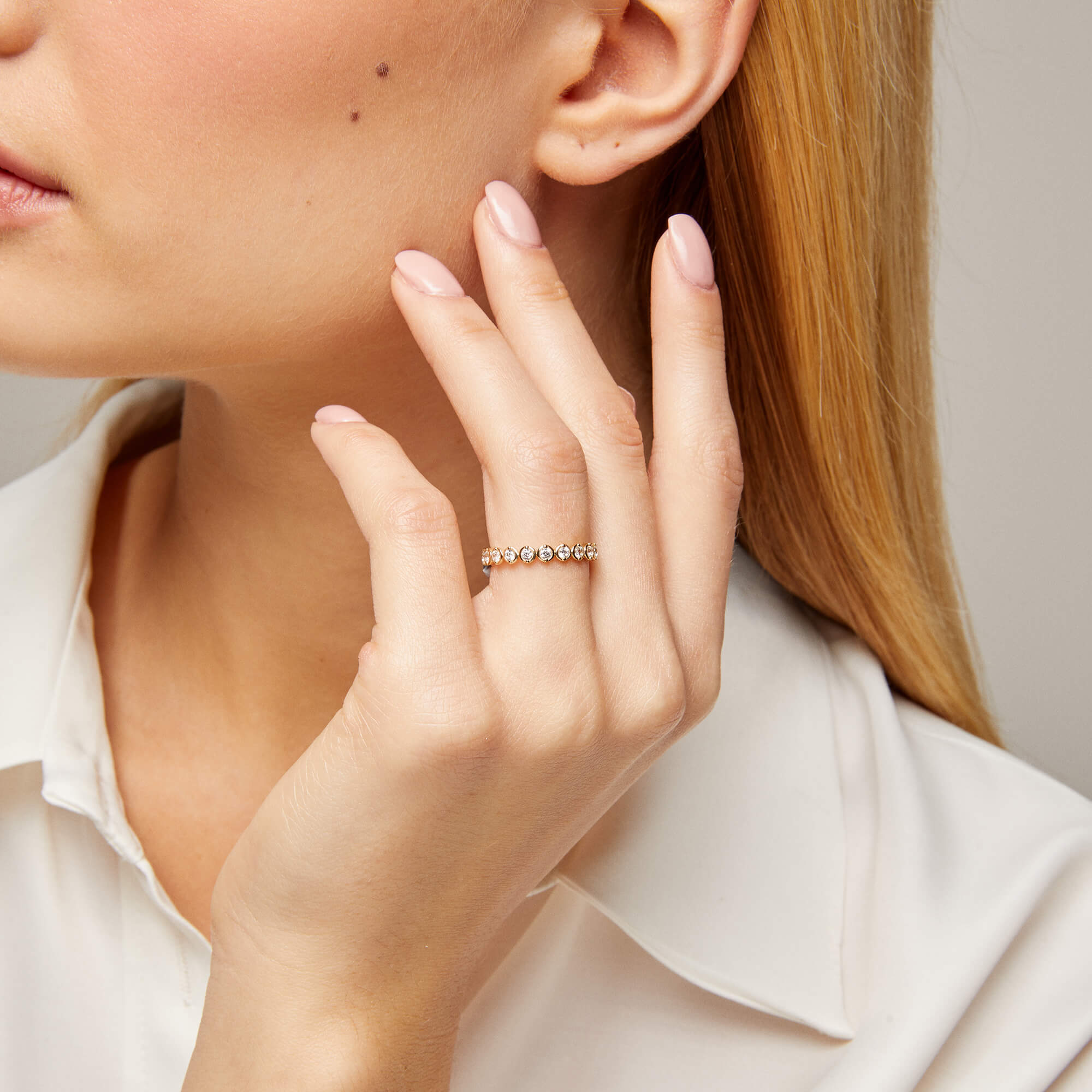 14k Solid Gold Solo Eternity Band Ring Paved with Cubic Zirconia