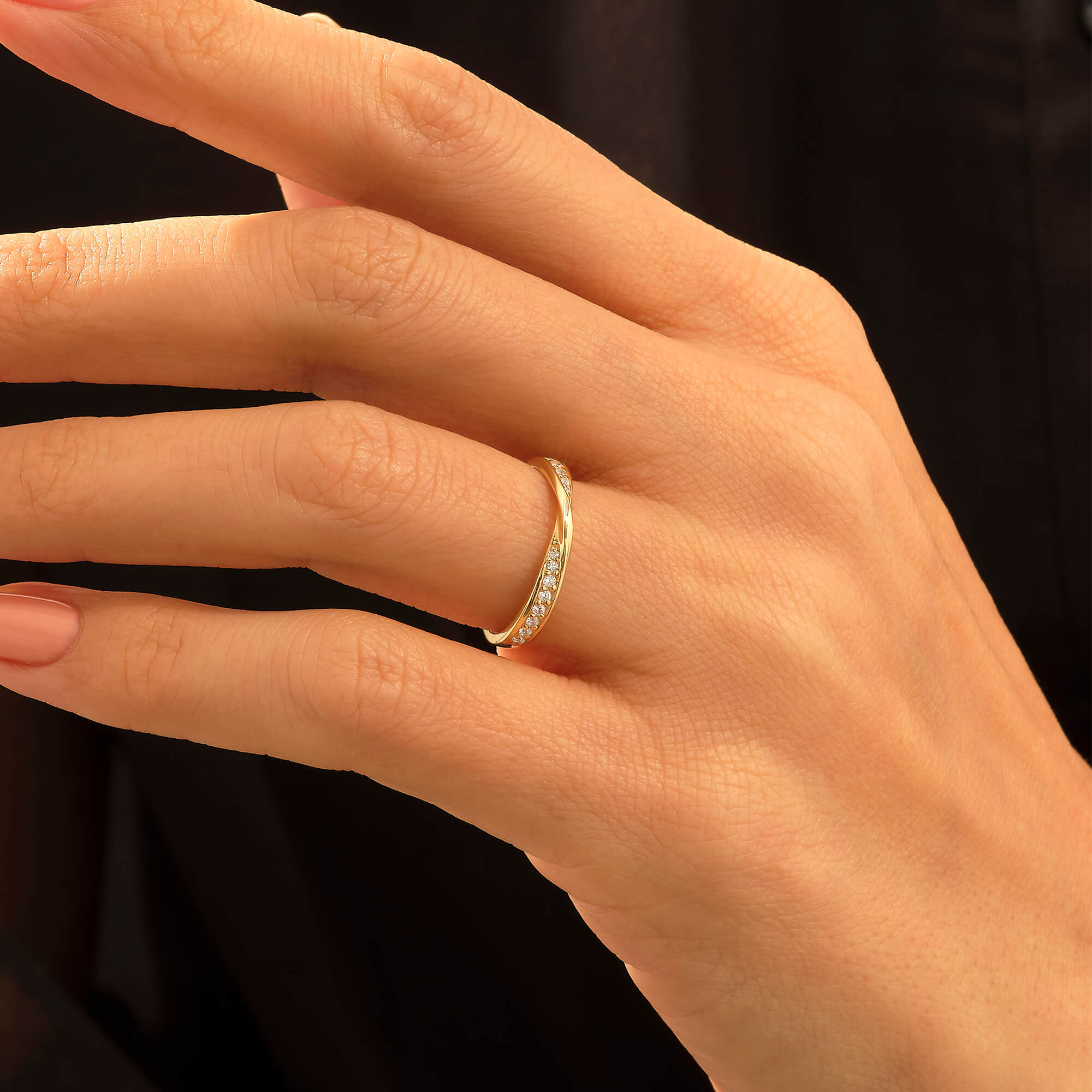 Bold Twisted Wedding Band Ring Paved with CZ in 14k Real Gold