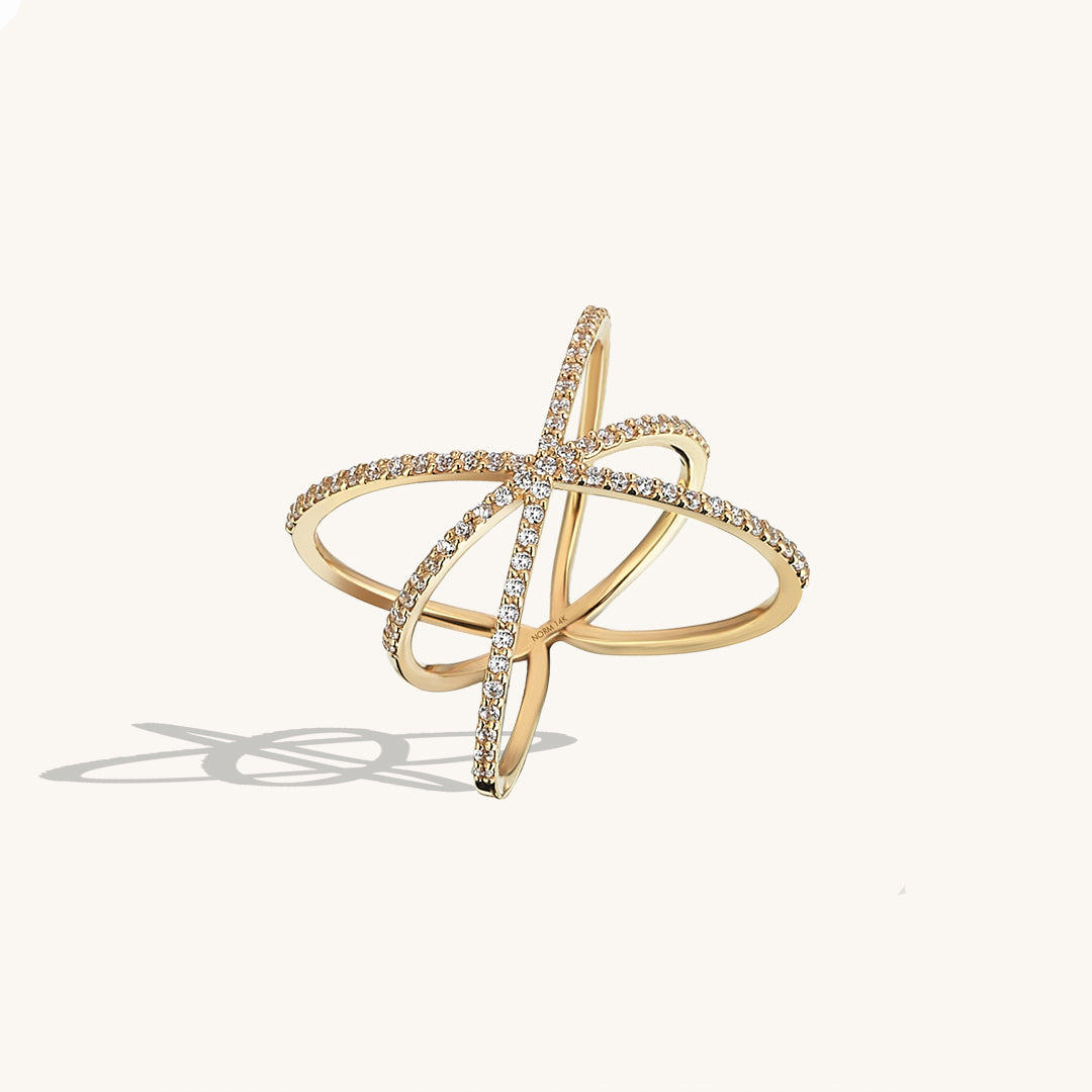 Bold X Ring Paved with White CZ Stones in 14k Solid Gold