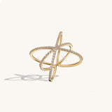 Bold X Ring Paved with White CZ Stones in 14k Solid Gold