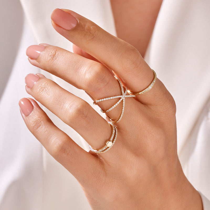 Bold Criss Cross Ring Paved with White CZ in 14k Solid Gold