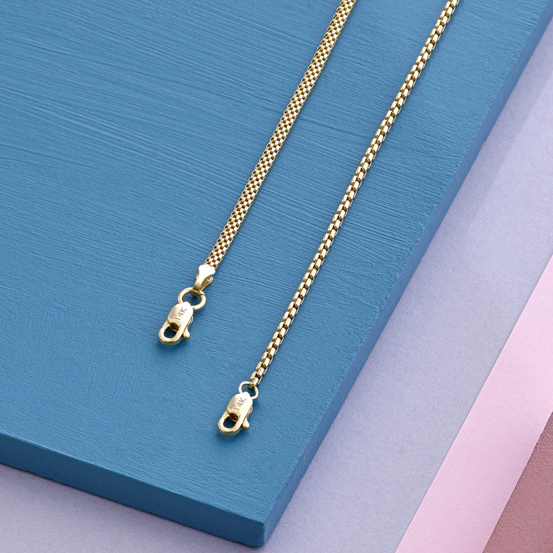 Box Chain Necklace in 14k Real Yellow Gold for Women