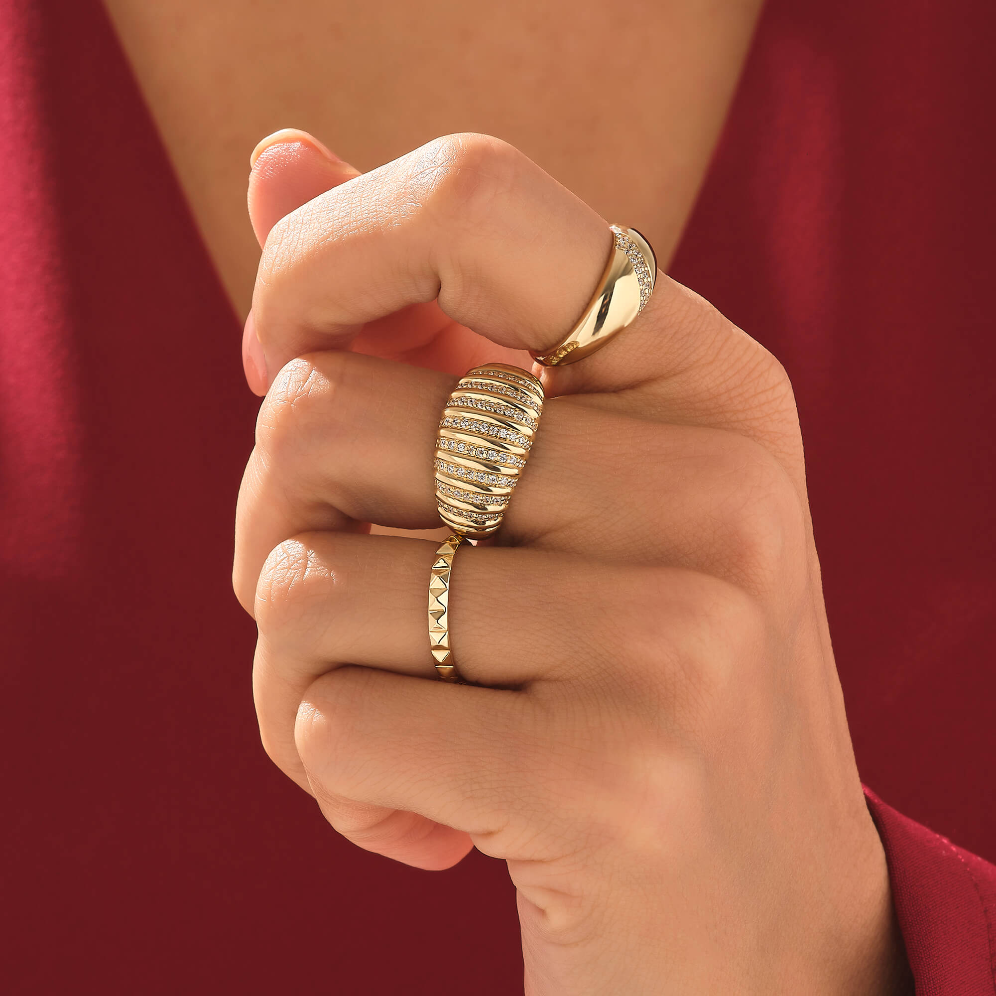 14k Solid Gold Cross CZ Pave Dome Ring