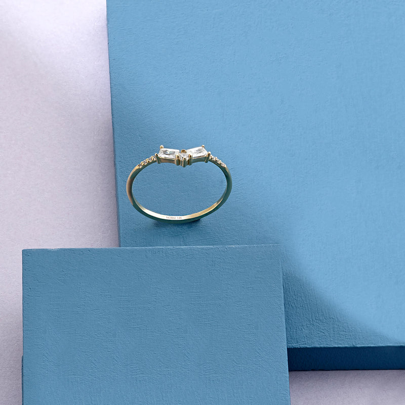 14k Solid Yellow Gold Dainty Curved Baguette Ring