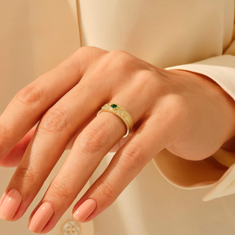14k Real Yellow Gold Emerald Designer Ring for Women