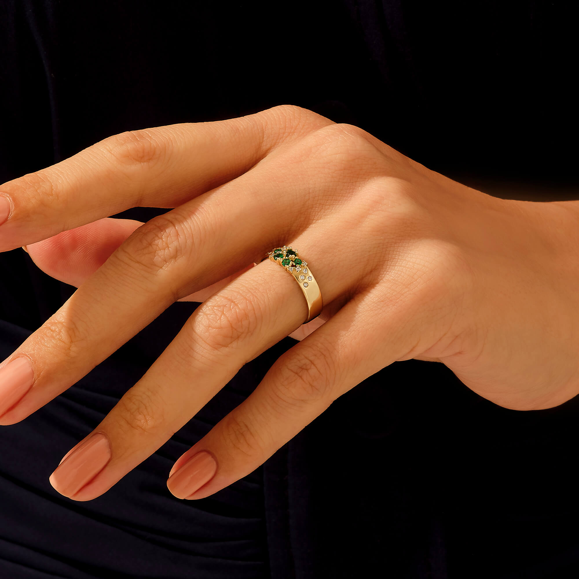 14k Solid Gold Emerald Cluster Bold Band Ring for Women