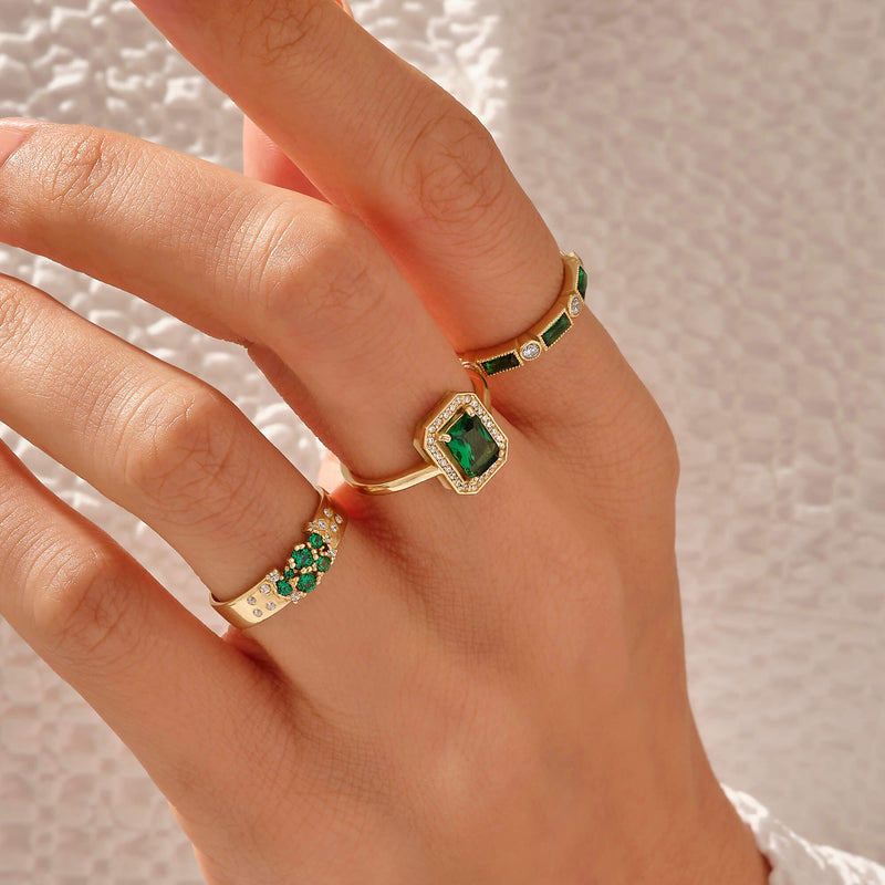 14k Real Yellow Gold Emerald Cluster Bold Band Ring for Women