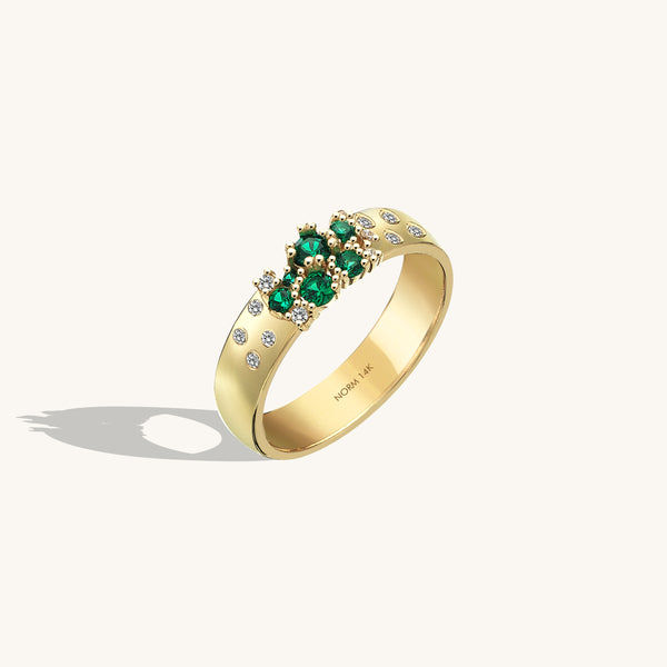 14k Real Gold Emerald Cluster Bold Band Ring for Women