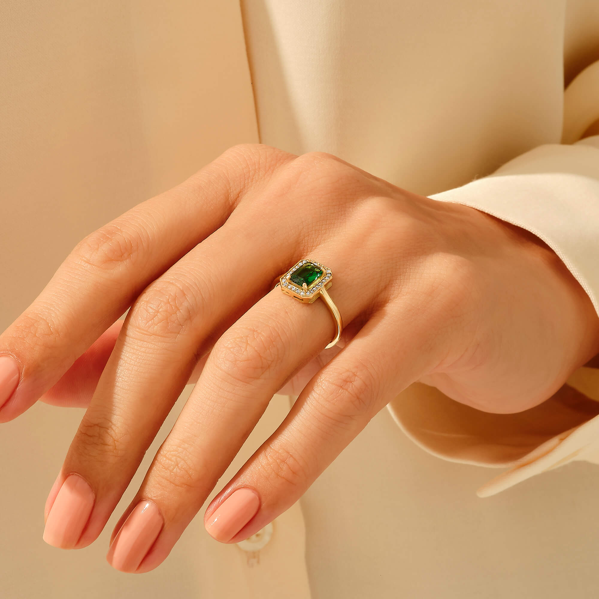 14k Real Gold Emerald Halo Engagement Ring